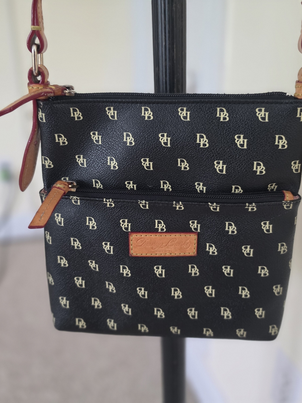 Dooney & Bourke Black & Cream DB Monogram Crossbody with Tan Trim